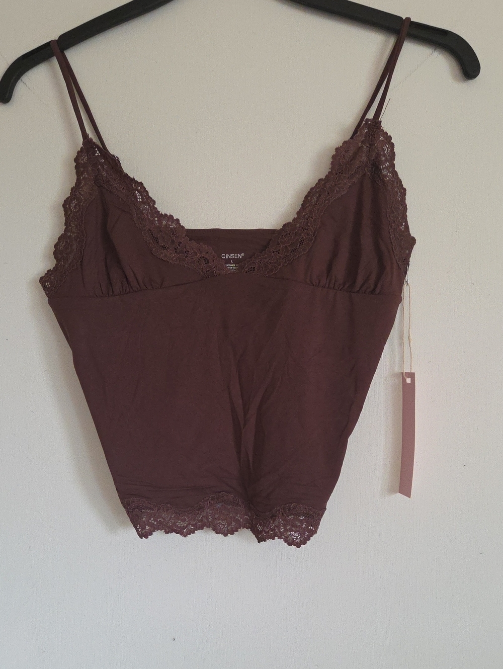 GINSENG Lace Trim Spaghetti Strap Cami - Cropped. Deep Brown